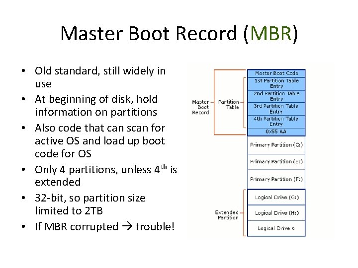 Master Boot Record (MBR) • Old standard, still widely in use • At beginning