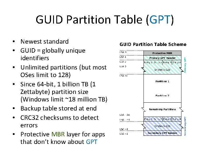 GUID Partition Table (GPT) • Newest standard • GUID = globally unique identifiers •