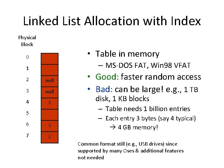 Linked List Allocation with Index Physical Block • Table in memory 0 – MS-DOS