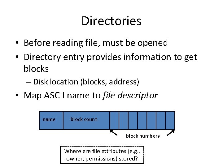 Directories • Before reading file, must be opened • Directory entry provides information to