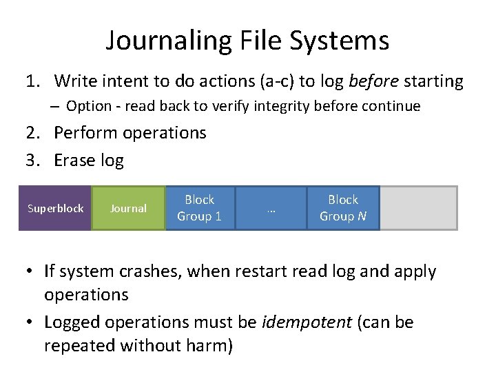 Journaling File Systems 1. Write intent to do actions (a-c) to log before starting