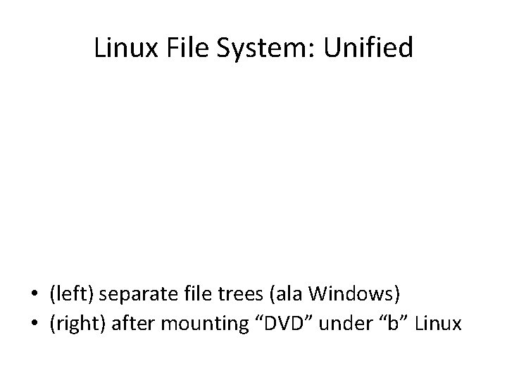 Linux File System: Unified • (left) separate file trees (ala Windows) • (right) after