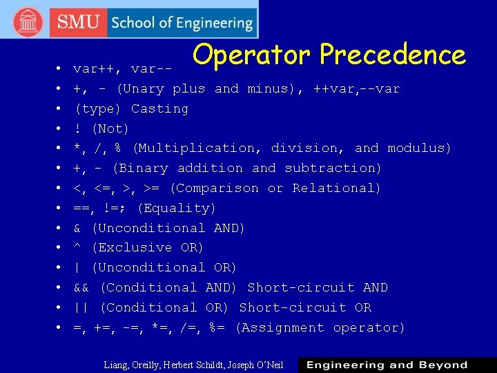 • • • • Operator Precedence var++, var-+, - (Unary plus and minus), • • • • Operator Precedence var++, var-+, - (Unary plus and minus),