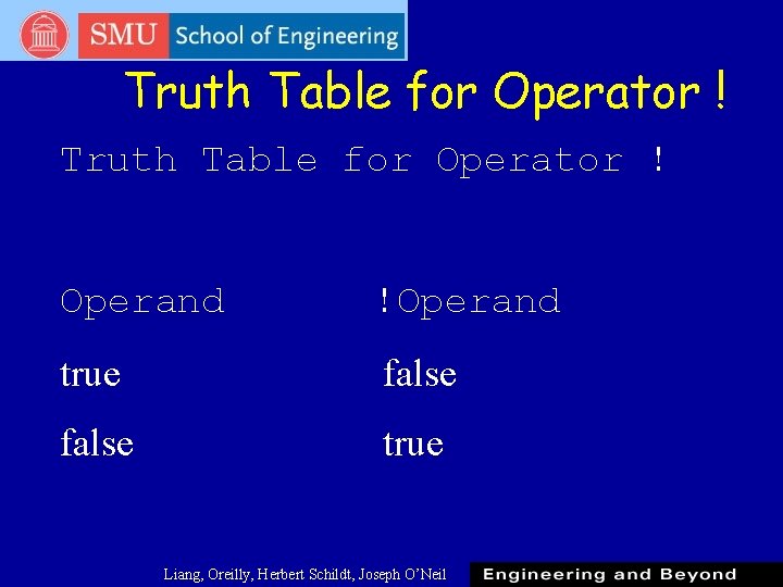 Truth Table for Operator ! Operand !Operand true false true Liang, Oreilly, Herbert Schildt, Truth Table for Operator ! Operand !Operand true false true Liang, Oreilly, Herbert Schildt,