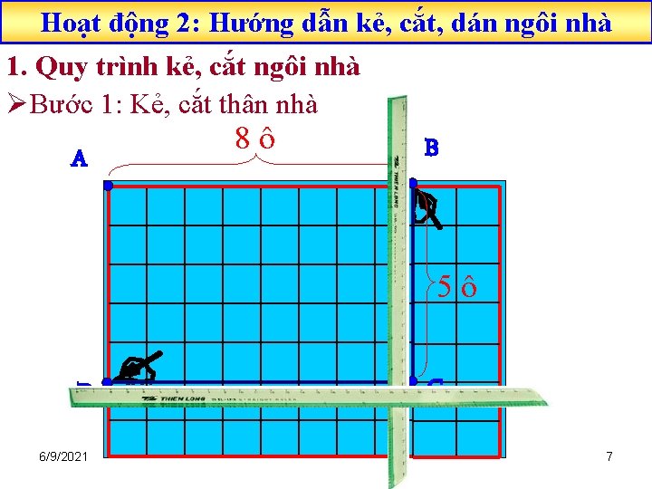 Hoạt động 2: Hướng dẫn kẻ, cắt, dán ngôi nhà 1. Quy trình kẻ,