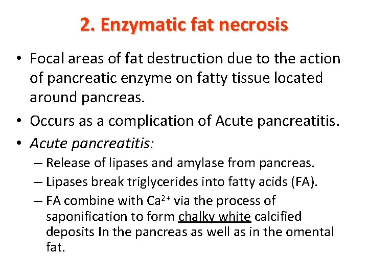 2. Enzymatic fat necrosis • Focal areas of fat destruction due to the action