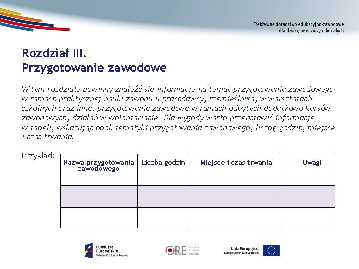 Rozdział III. Przygotowanie zawodowe W tym rozdziale powinny znaleźć się informacje na temat przygotowania