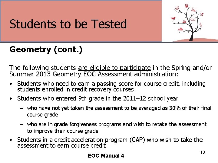 Students to be Tested Geometry (cont. ) The following students are eligible to participate