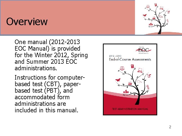 Overview One manual (2012 -2013 EOC Manual) is provided for the Winter 2012, Spring