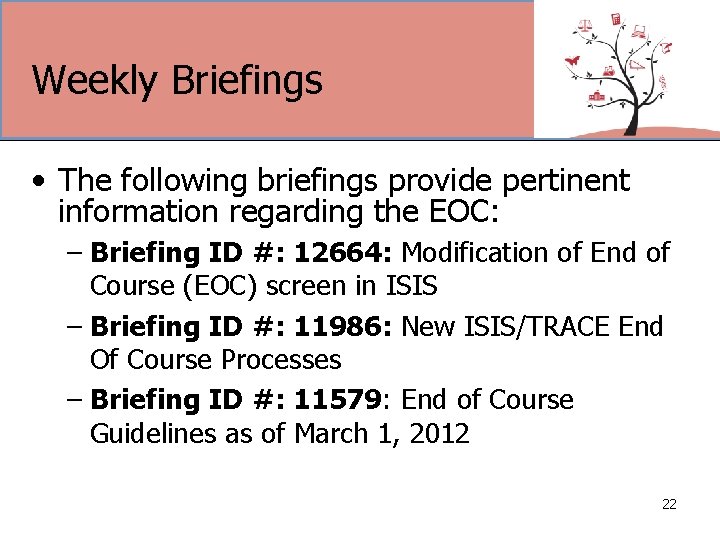 Weekly Briefings • The following briefings provide pertinent information regarding the EOC: – Briefing