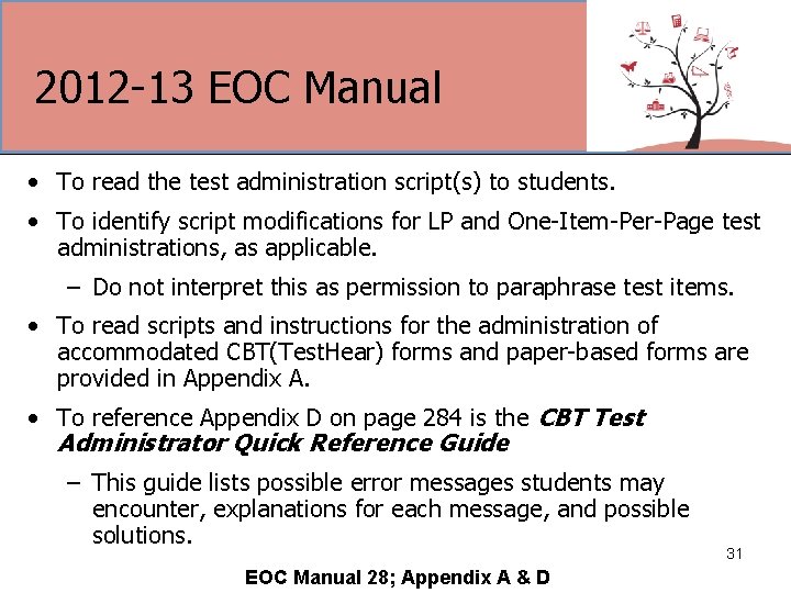 2012 -13 EOC Manual • To read the test administration script(s) to students. •