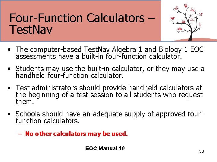 Four-Function Calculators – Test. Nav • The computer-based Test. Nav Algebra 1 and Biology