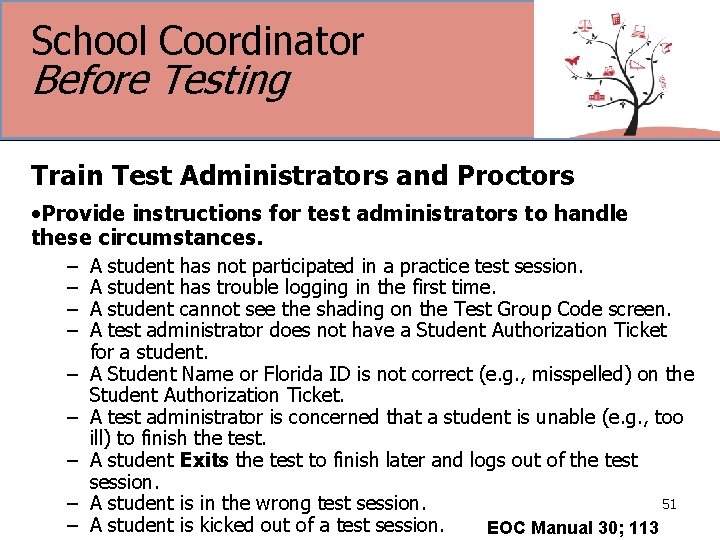 School Coordinator Before Testing Train Test Administrators and Proctors • Provide instructions for test