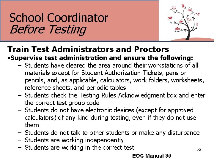 School Coordinator Before Testing Train Test Administrators and Proctors • Supervise test administration and