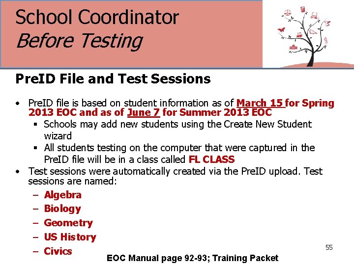 School Coordinator Before Testing Pre. ID File and Test Sessions • Pre. ID file