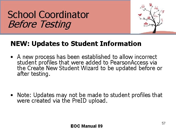 School Coordinator Before Testing NEW: Updates to Student Information • A new process has