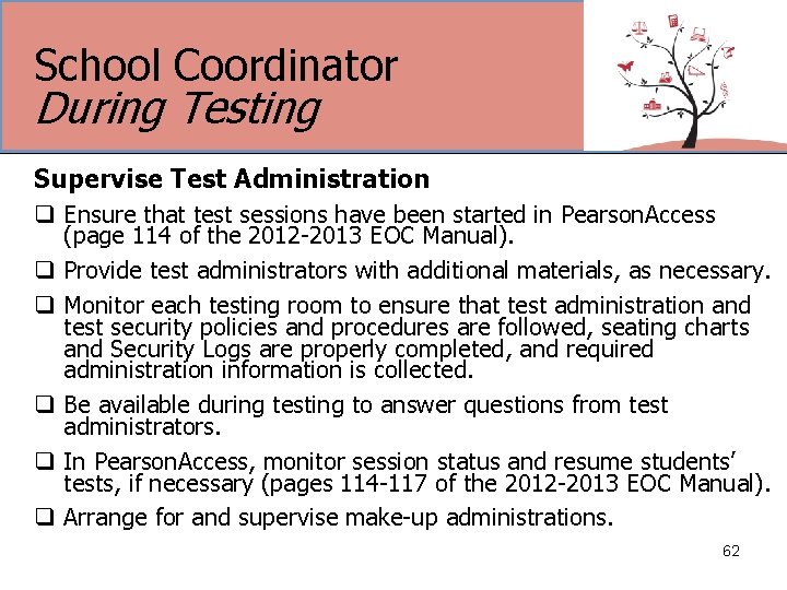 School Coordinator During Testing Supervise Test Administration q Ensure that test sessions have been