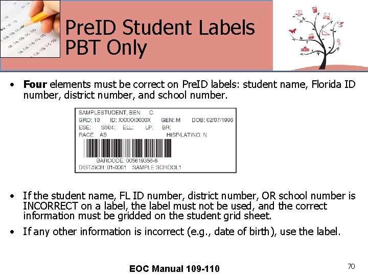 Pre. ID Student Labels PBT Only • Four elements must be correct on Pre.