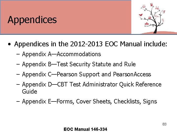 Appendices • Appendices in the 2012 -2013 EOC Manual include: – Appendix A—Accommodations –