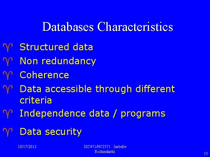 Databases Characteristics ^ ^ Structured data Non redundancy Coherence Data accessible through different criteria