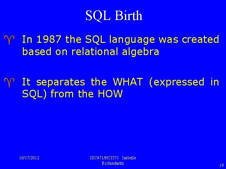 SQL Birth ^ In 1987 the SQL language was created based on relational algebra