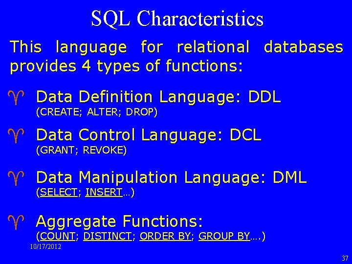 SQL Characteristics This language for relational databases provides 4 types of functions: ^ Data