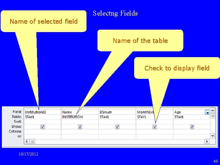 Name of selected field Selectng Fields Name of the table Check to display field