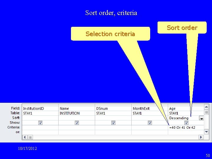 Sort order, criteria Selection criteria Sort order 10/17/2012 50 