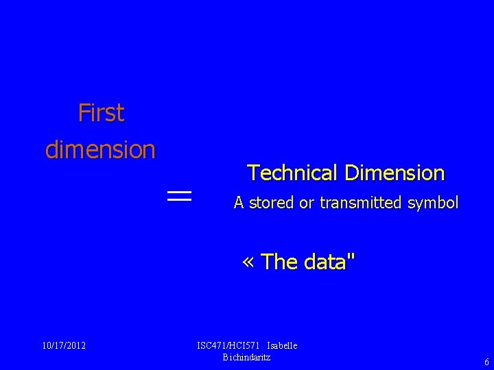 First dimension = Technical Dimension A stored or transmitted symbol « The data" 10/17/2012