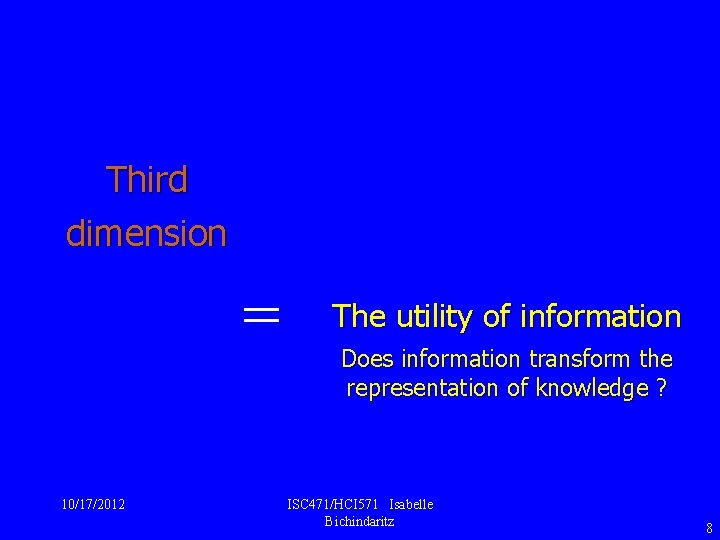 Third dimension = 10/17/2012 The utility of information Does information transform the representation of