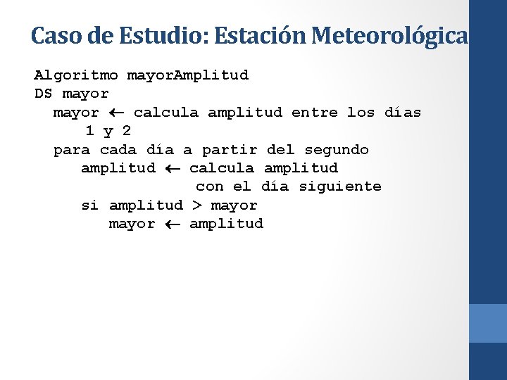 Caso de Estudio: Estación Meteorológica Algoritmo mayor. Amplitud DS mayor calcula amplitud entre los