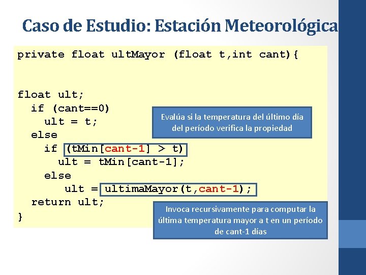 Caso de Estudio: Estación Meteorológica private float ult. Mayor (float t, int cant){ float