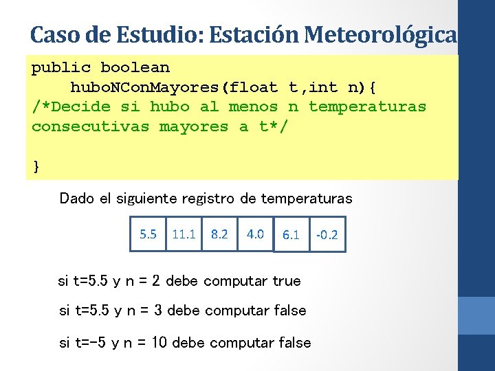 Caso de Estudio: Estación Meteorológica public boolean hubo. NCon. Mayores(float t, int n){ /*Decide