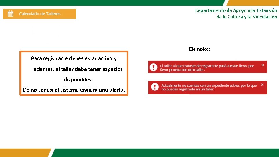 Departamento de Apoyo a la Extensión de la Cultura y la Vinculación Ejemplos: Para