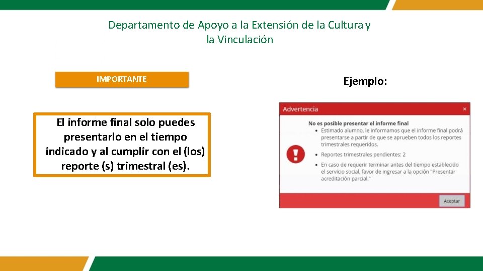 Departamento de Apoyo a la Extensión de la Cultura y la Vinculación IMPORTANTE El