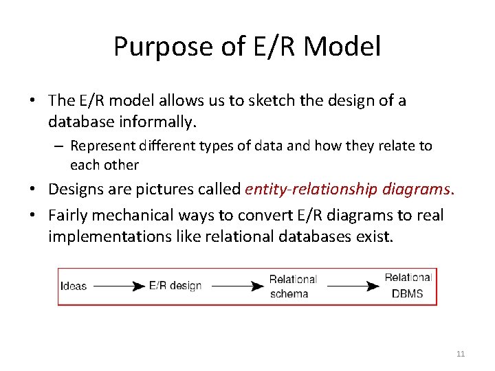 Purpose of E/R Model • The E/R model allows us to sketch the design