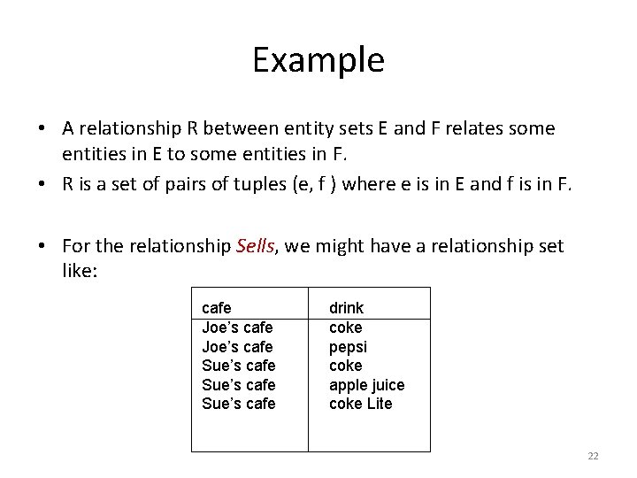 Example • A relationship R between entity sets E and F relates some entities