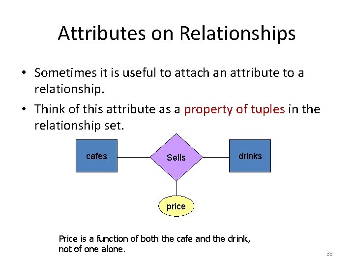 Attributes on Relationships • Sometimes it is useful to attach an attribute to a