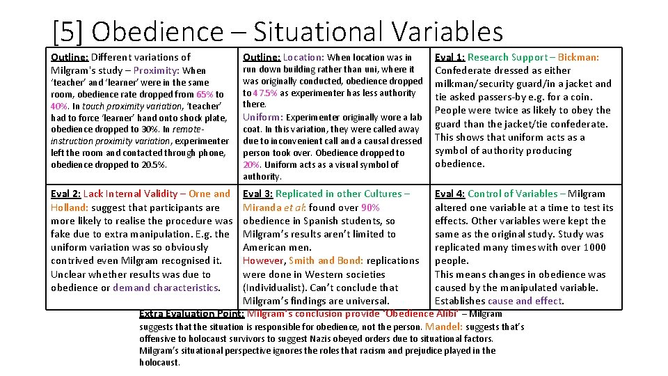 [5] Obedience – Situational Variables Outline: Different variations of Milgram's study – Proximity: When