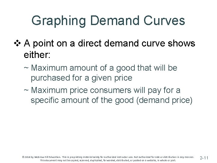 Graphing Demand Curves v A point on a direct demand curve shows either: ~