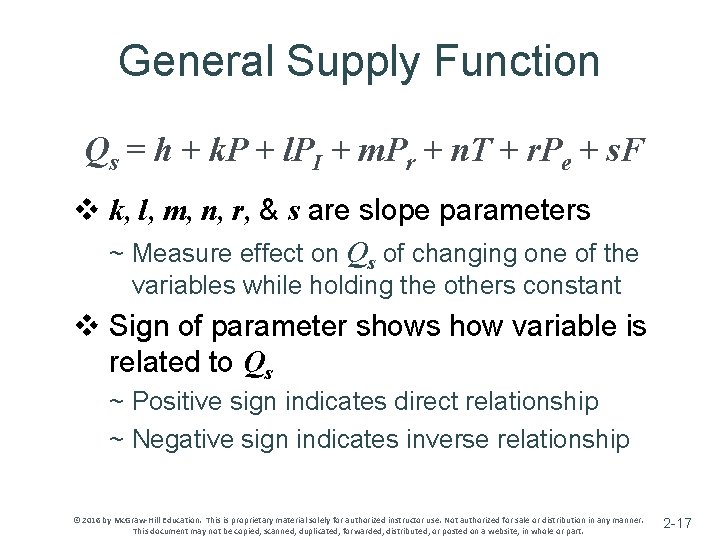 General Supply Function Qs = h + k. P + l. PI + m.