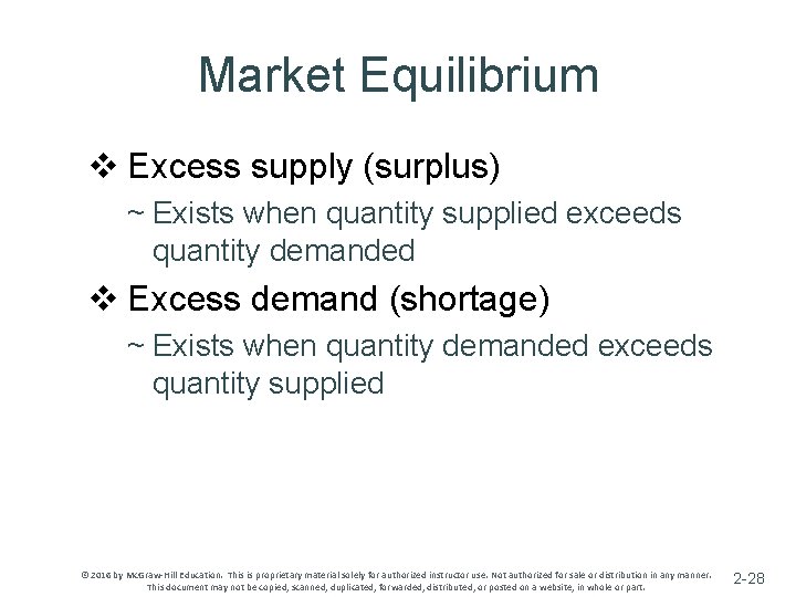 Market Equilibrium v Excess supply (surplus) ~ Exists when quantity supplied exceeds quantity demanded