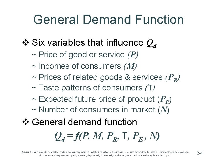 General Demand Function v Six variables that influence Qd ~ Price of good or