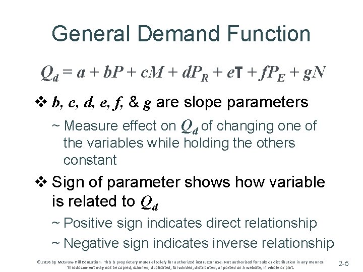 General Demand Function Qd = a + b. P + c. M + d.