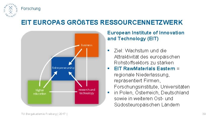 Forschung EIT EUROPAS GRÖßTES RESSOURCENNETZWERK European Institute of Innovation and Technology (EIT) § Ziel: