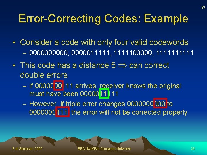 23 Error-Correcting Codes: Example • Consider a code with only four valid codewords –