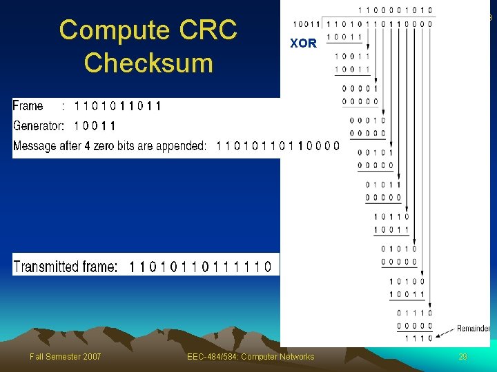 Compute CRC Checksum Fall Semester 2007 29 XOR EEC-484/584: Computer Networks 29 