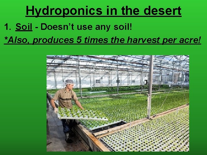 Hydroponics in the desert 1. Soil - Doesn’t use any soil! *Also, produces 5