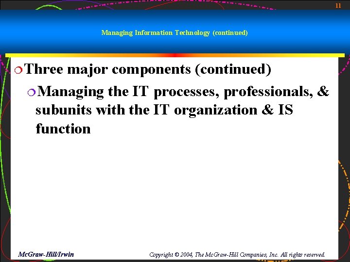 11 Managing Information Technology (continued) ¦Three major components (continued) ¦Managing the IT processes, professionals,