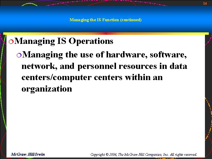 14 Managing the IS Function (continued) ¦Managing IS Operations ¦Managing the use of hardware,